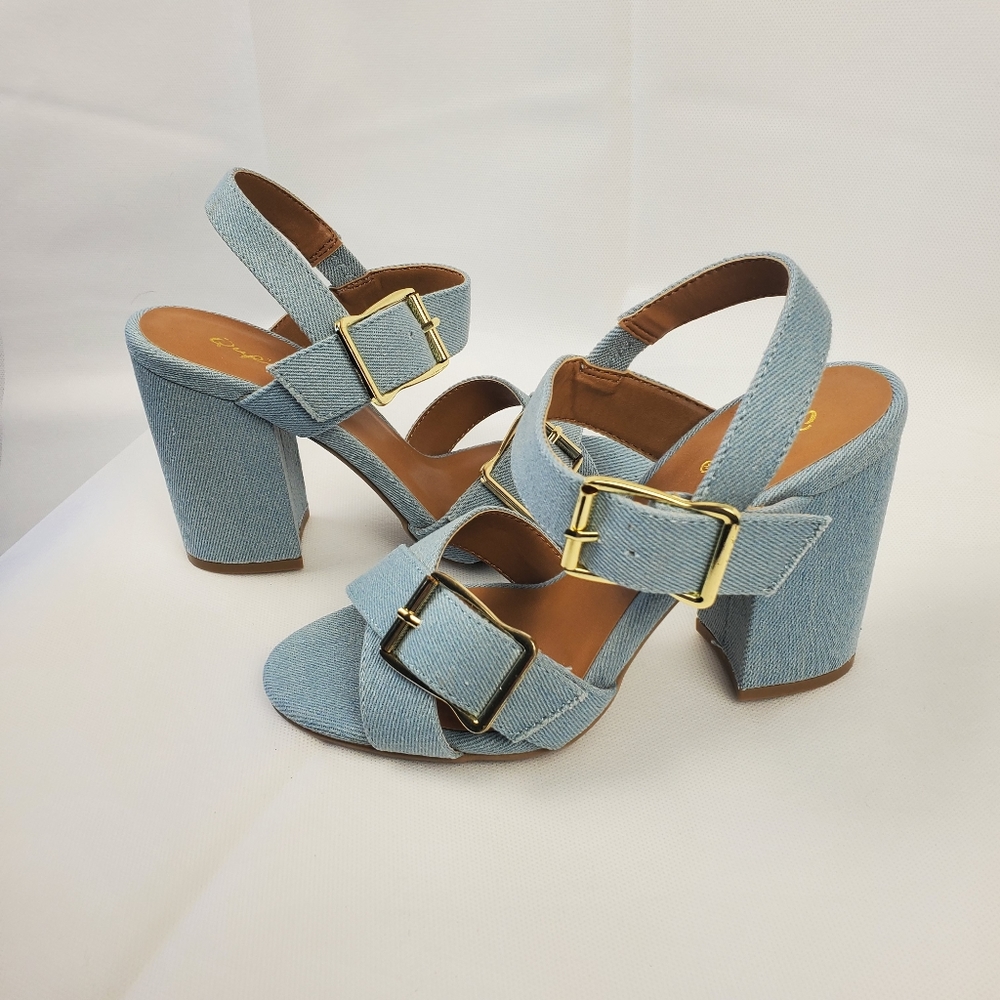 Denim block heels